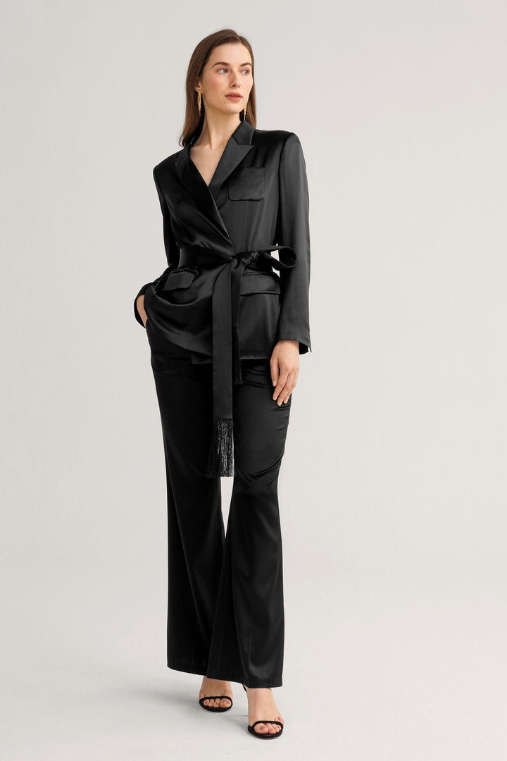 solovedress Women’s Black Satin 2 Piece Suit with Belted Waist (Blazer + Pants)