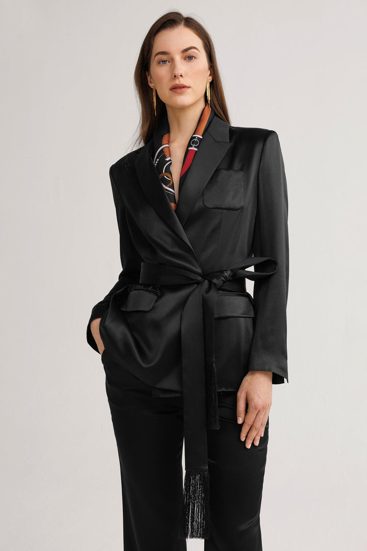 solovedress Women’s Black Satin 2 Piece Suit with Belted Waist (Blazer + Pants)