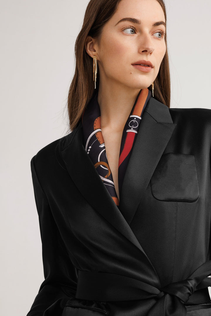 solovedress Women’s Black Satin 2 Piece Suit with Belted Waist (Blazer + Pants)