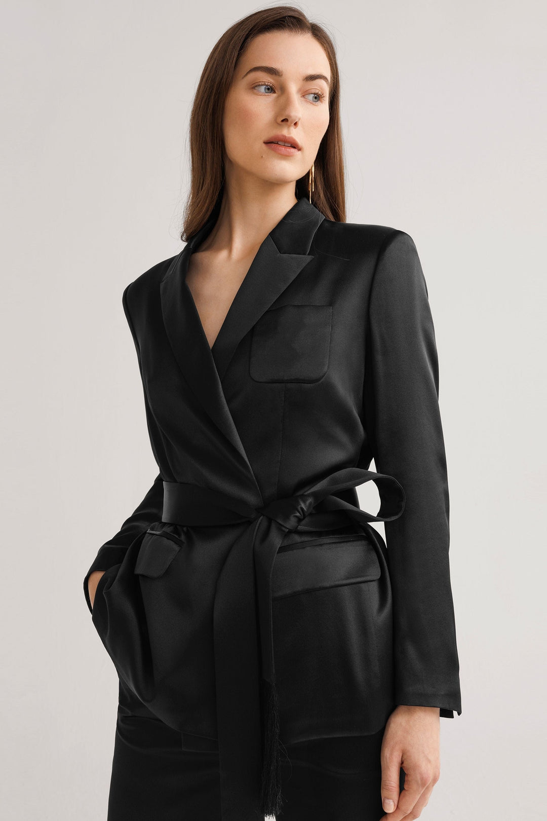 solovedress Women’s Black Satin 2 Piece Suit with Belted Waist (Blazer + Pants)