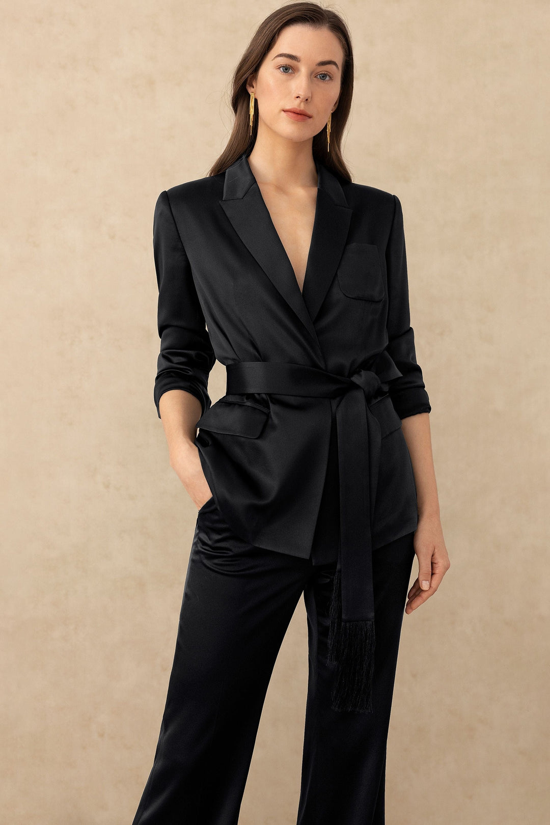 solovedress Women’s Black Satin 2 Piece Suit with Belted Waist (Blazer + Pants)