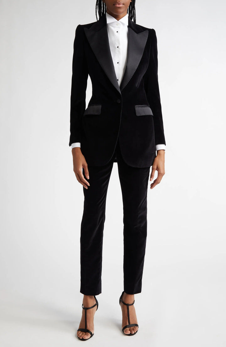 solovedress Women's Black Velvet 2-Piece Suit Set – Peak Lapel Blazer & Pants