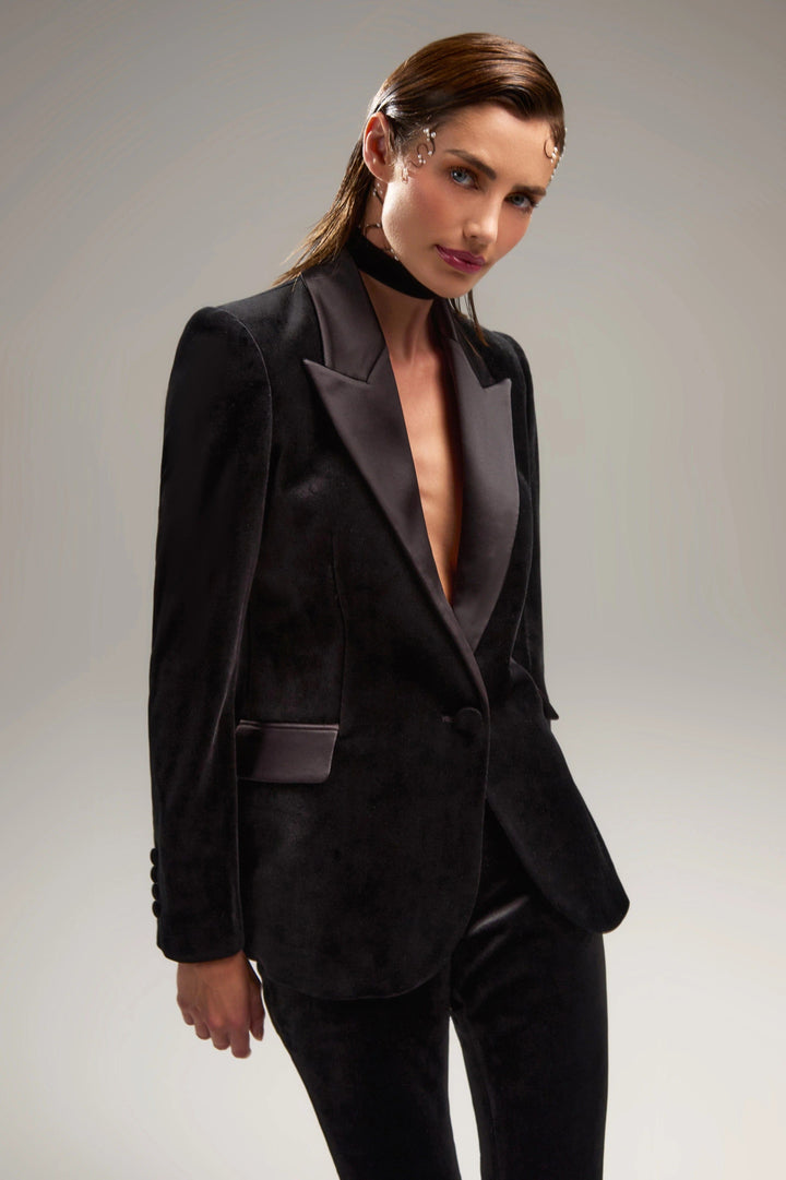 solovedress Women's Black Velvet Satin Peak Lapel Suit (Blazer+Pants)
