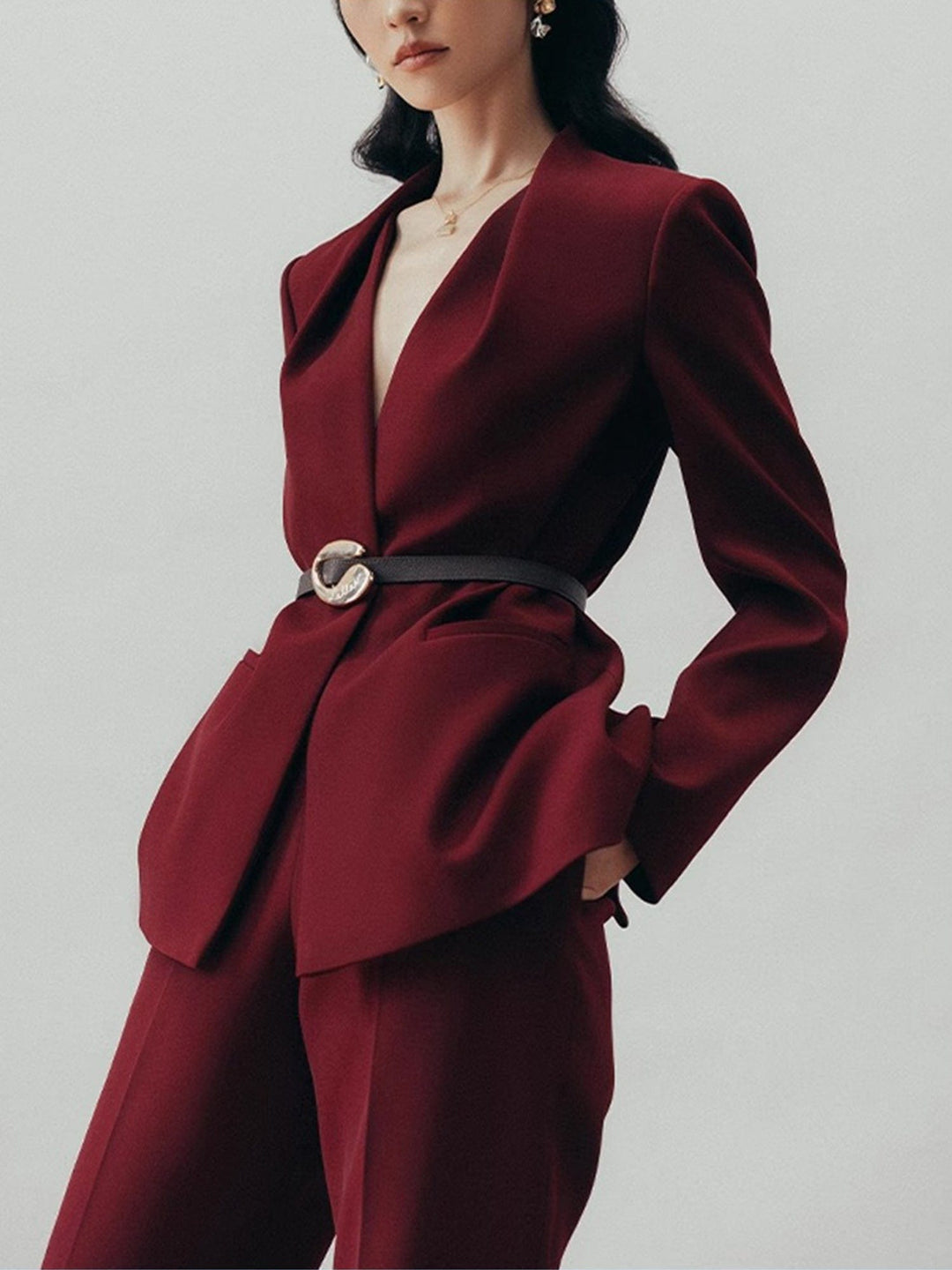solovedress Women’s Burgundy Belted Blazer Pants Suit – Elegant Wide-Leg Two Piece