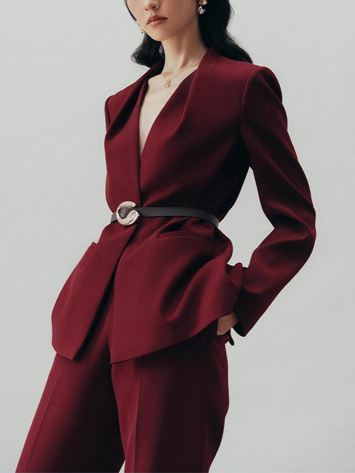 solovedress Women’s Burgundy Belted Blazer Pants Suit – Elegant Wide-Leg Two Piece