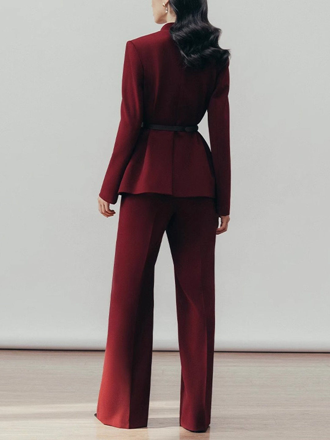 solovedress Women’s Burgundy Belted Blazer Pants Suit – Elegant Wide-Leg Two Piece