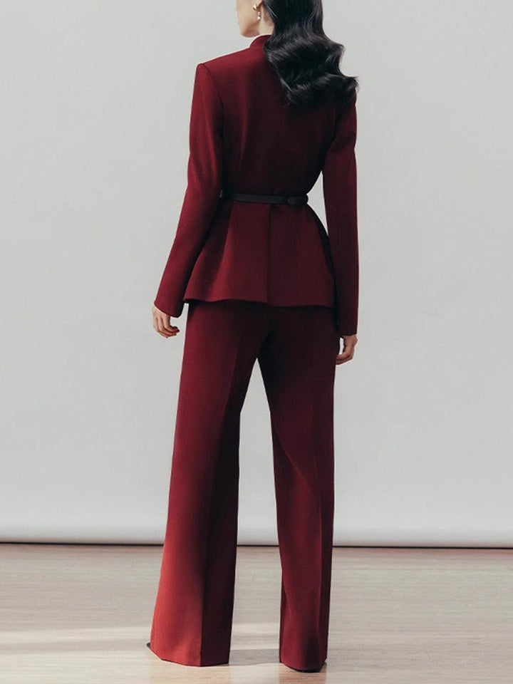 solovedress Women’s Burgundy Belted Blazer Pants Suit – Elegant Wide-Leg Two Piece