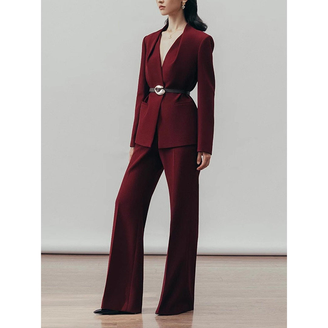 SoloveDress Women's 2 Piece Burgundy Solid Suit Shawl Lapel Single ... Burgundy / US 14