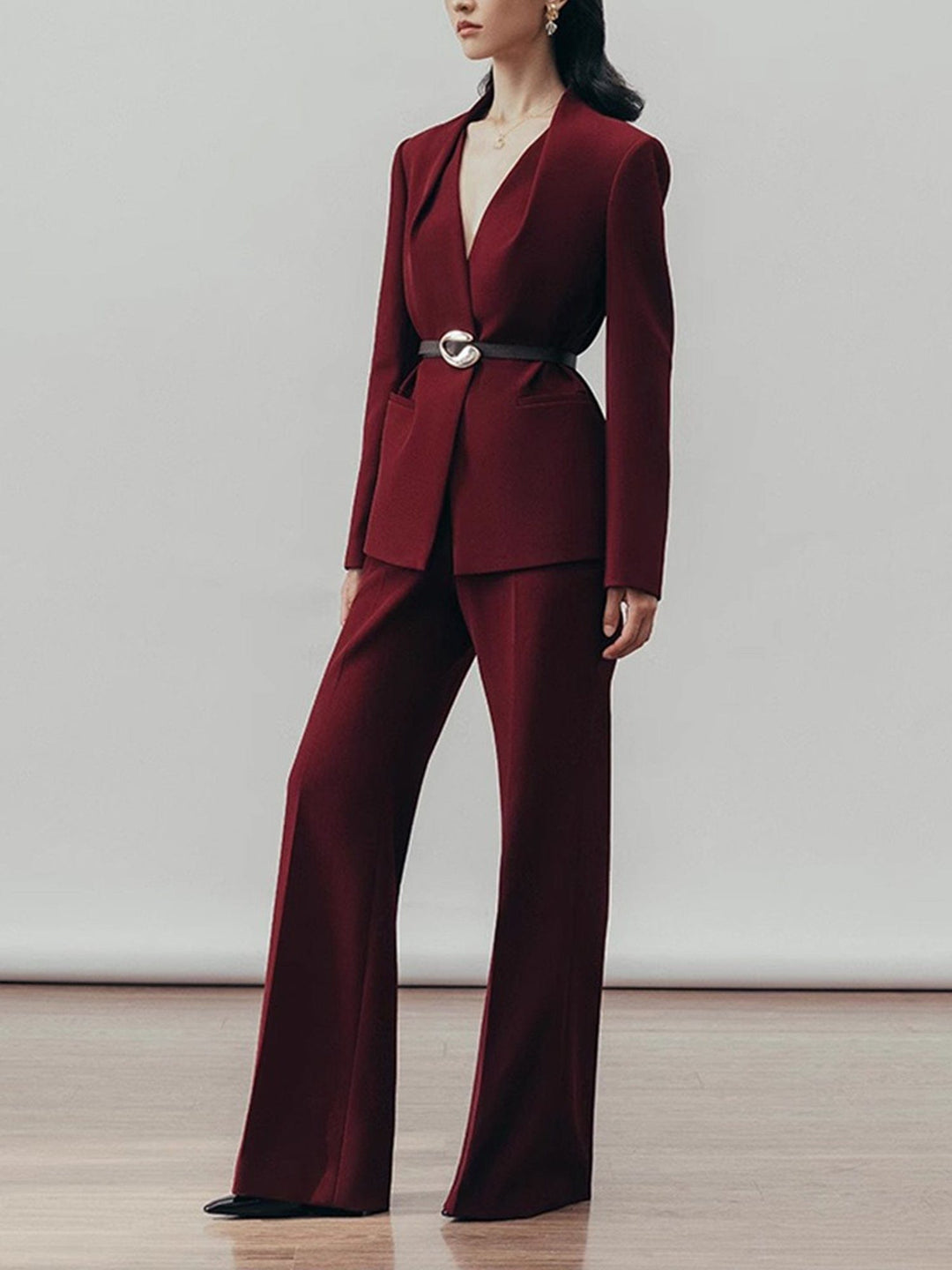 solovedress Women’s Burgundy Belted Blazer Pants Suit – Elegant Wide-Leg Two Piece