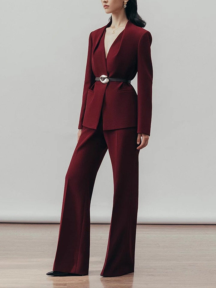 solovedress Women’s Burgundy Belted Blazer Pants Suit – Elegant Wide-Leg Two Piece