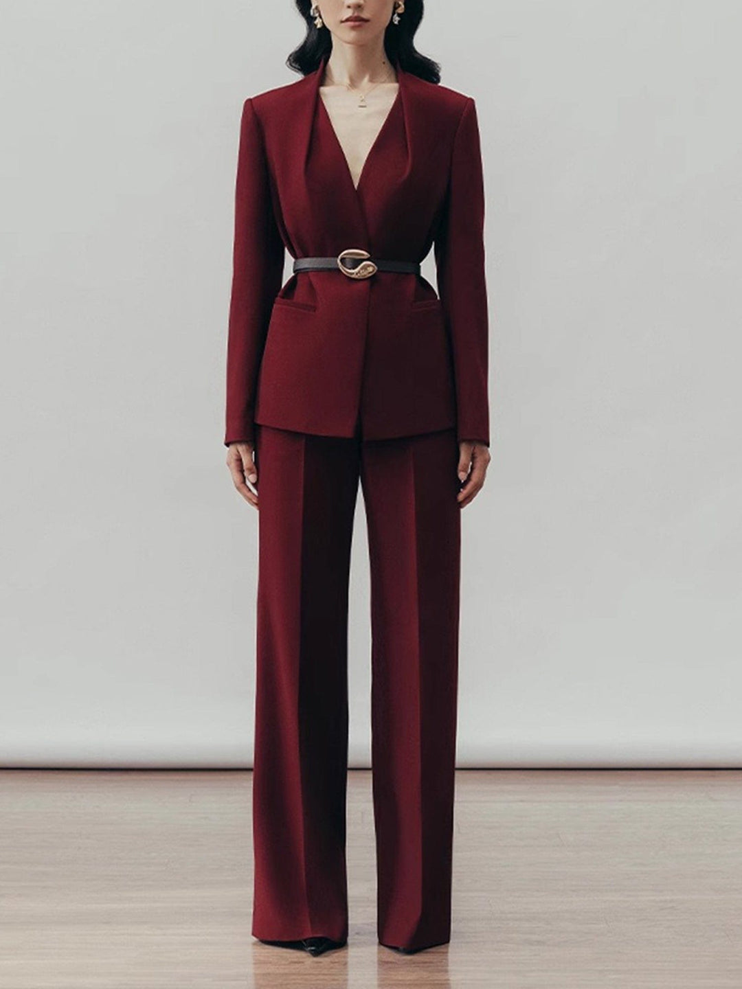solovedress Women’s Burgundy Belted Blazer Pants Suit – Elegant Wide-Leg Two Piece