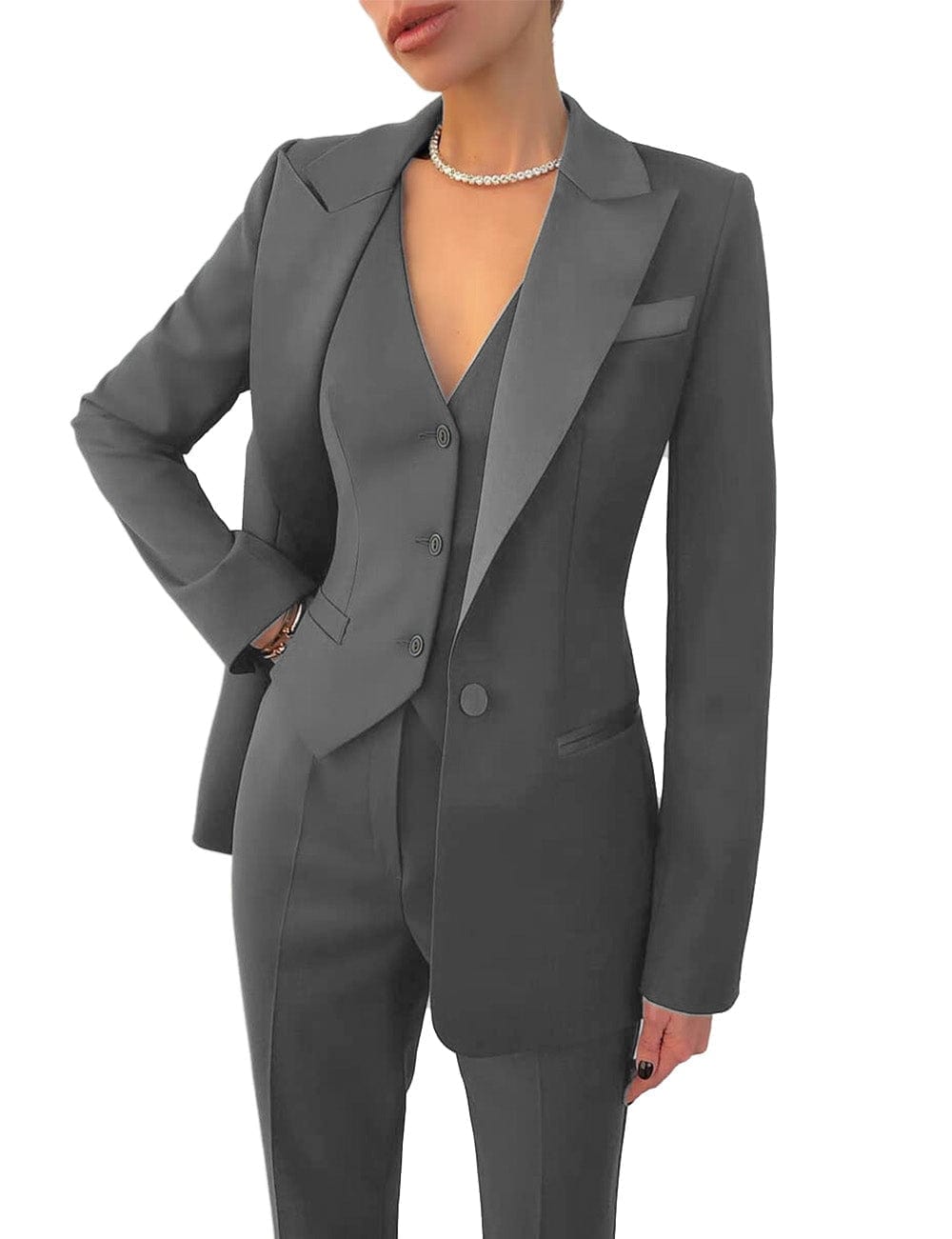 Women's Business 3 Pieces Slim Fit Solid Color Peak Lapel Suit