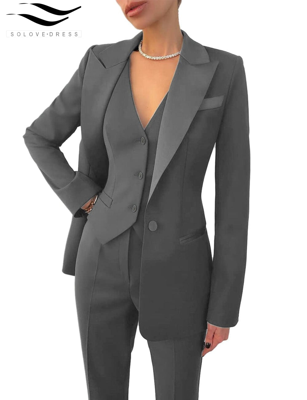 Women's Business 3 Pieces Slim Fit Solid Color Peak Lapel Suit