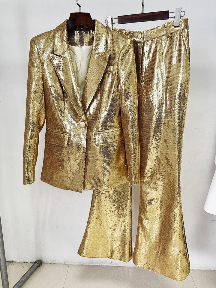 solovedress Women's Fashion Gold Sequin Two-Piece Suit