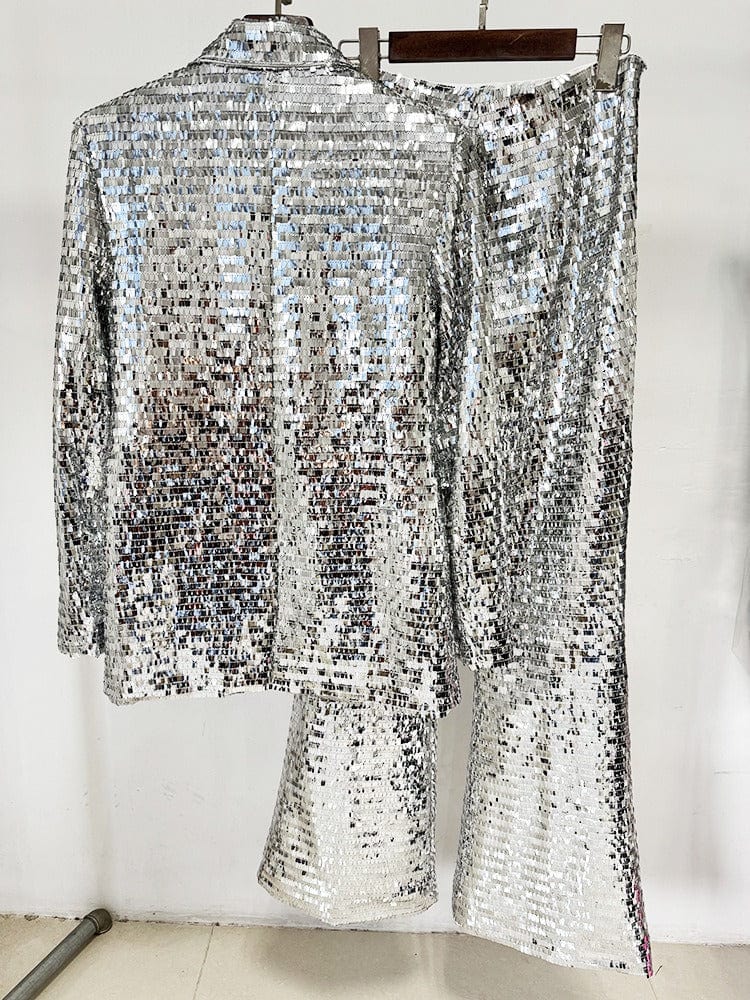 solovedress Women's Fashionable Single Buttons Mesh Sequined Two-Piece Suit