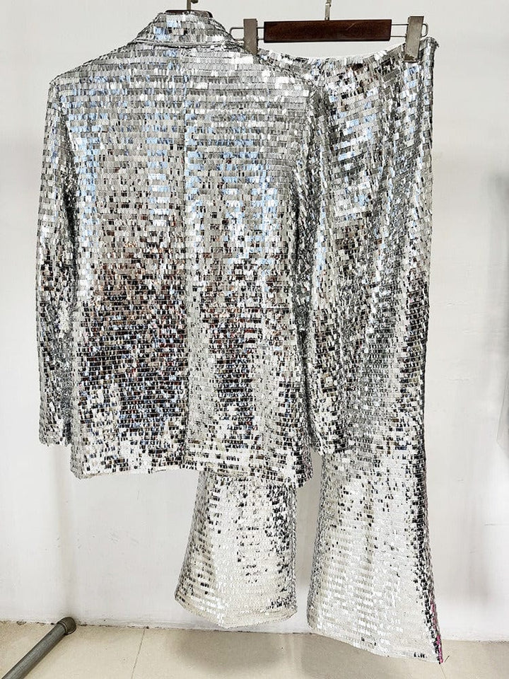 solovedress Women's Fashionable Single Buttons Mesh Sequined Two-Piece Suit