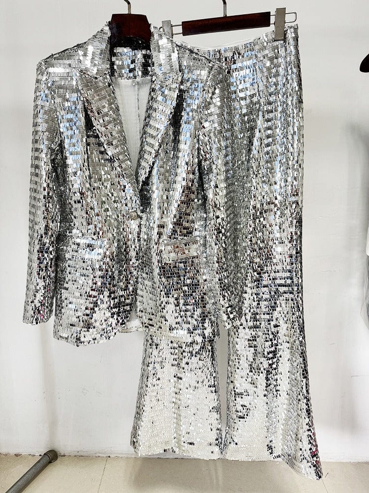 solovedress Women's Fashionable Single Buttons Mesh Sequined Two-Piece Suit