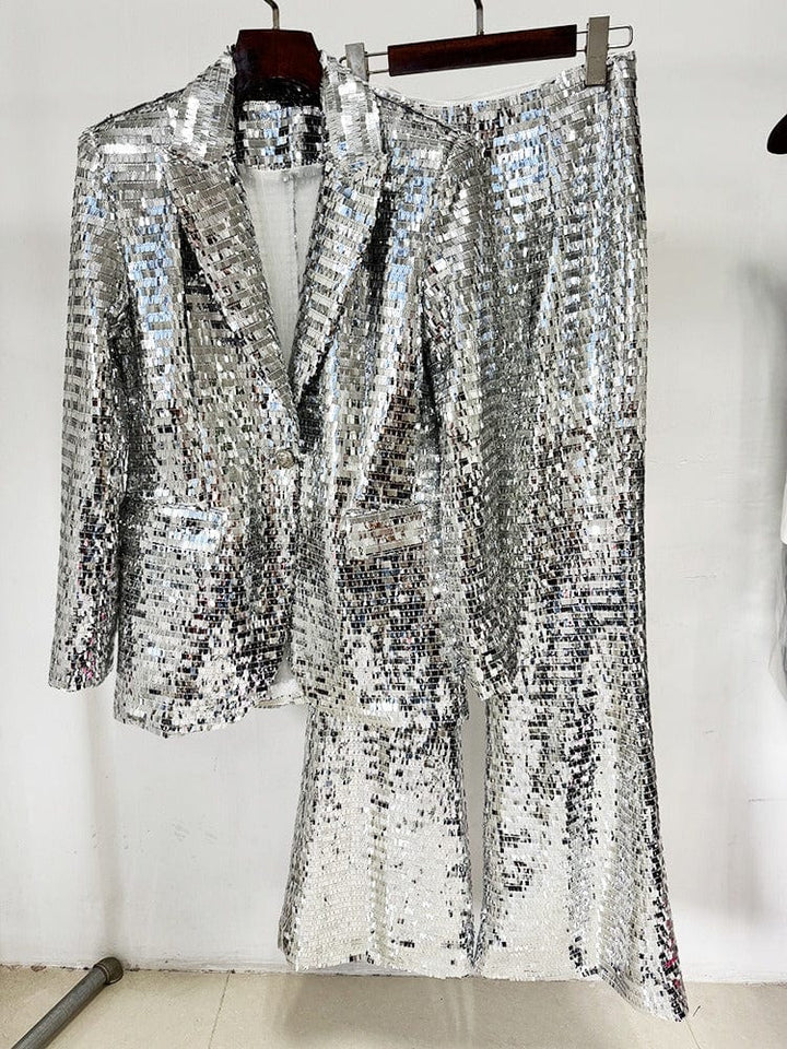solovedress Women's Fashionable Single Buttons Mesh Sequined Two-Piece Suit
