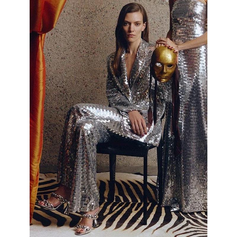 solovedress Women's Fashionable Single Buttons Mesh Sequined Two-Piece Suit