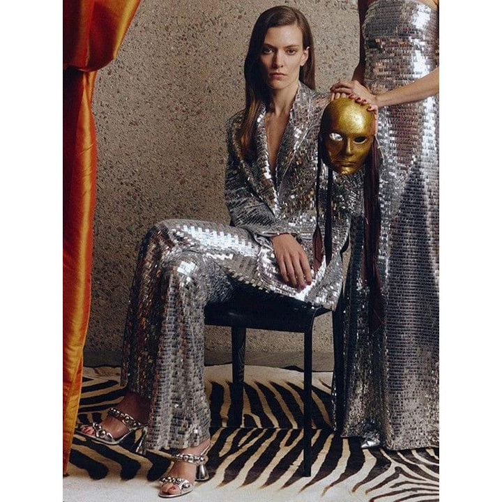 solovedress Women's Fashionable Single Buttons Mesh Sequined Two-Piece Suit