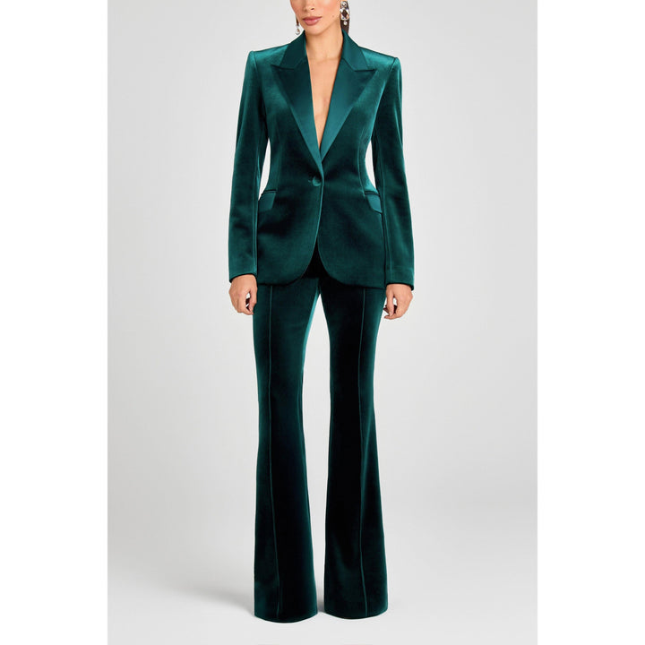 solovedress Women’s Hunt Green Velvet Two-Piece Suit – Blazer with Satin Lapel & Pants