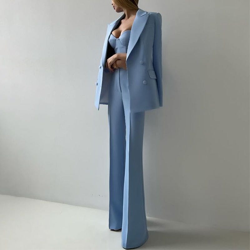 solovedress Women’s Light Blue 3-Piece Suit – Blazer, Strapless Top & Pants