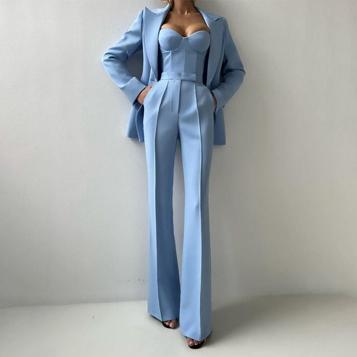 solovedress Women’s Light Blue 3-Piece Suit – Blazer, Strapless Top & Pants