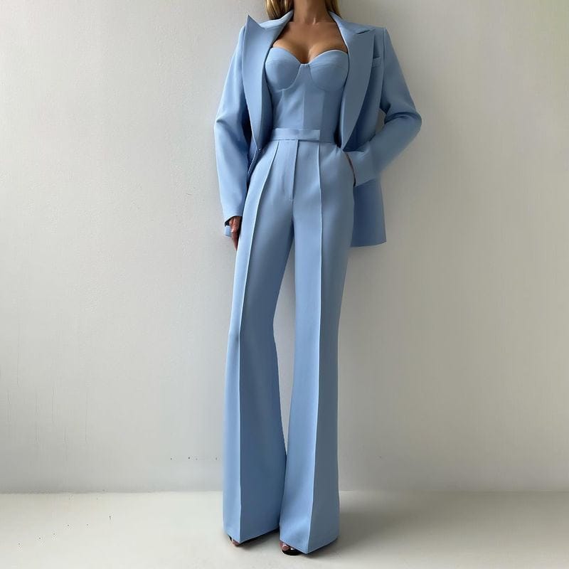 solovedress Women’s Light Blue 3-Piece Suit – Blazer, Strapless Top & Pants