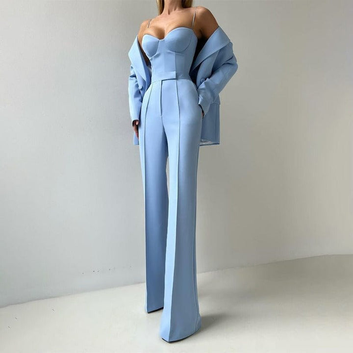 solovedress Women’s Light Blue 3-Piece Suit – Blazer, Strapless Top & Pants