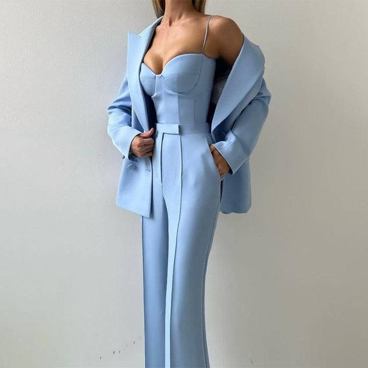 solovedress Women’s Light Blue 3-Piece Suit – Blazer, Strapless Top & Pants