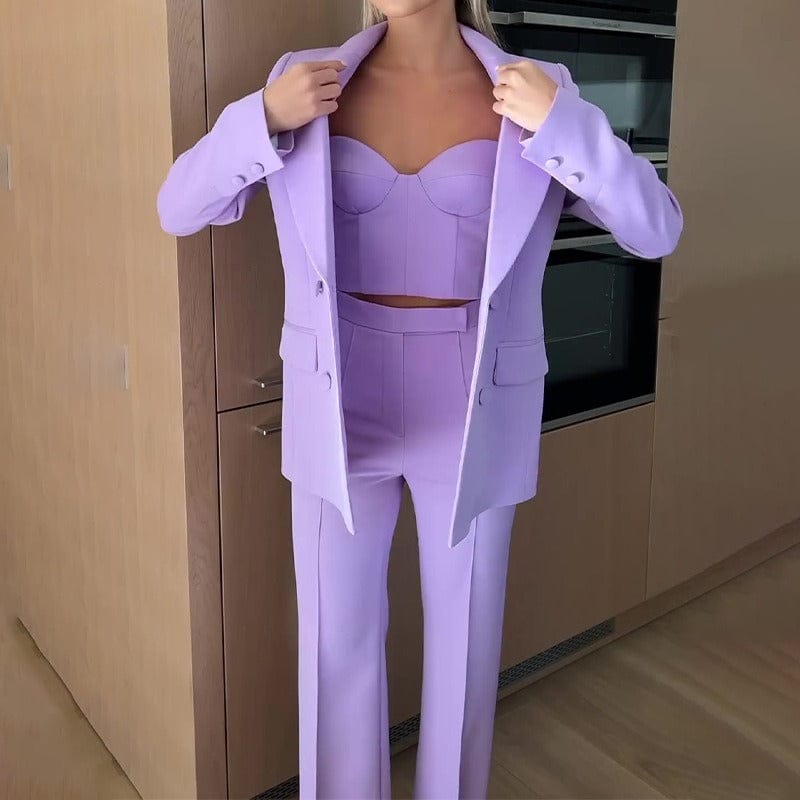 solovedress Women’s Light Blue 3-Piece Suit – Blazer, Strapless Top & Pants