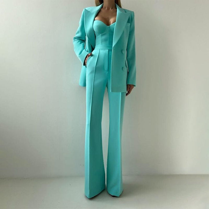 solovedress Women’s Light Blue 3-Piece Suit – Blazer, Strapless Top & Pants