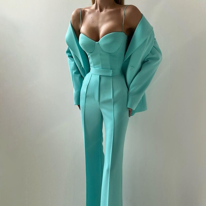 solovedress Women’s Light Blue 3-Piece Suit – Blazer, Strapless Top & Pants