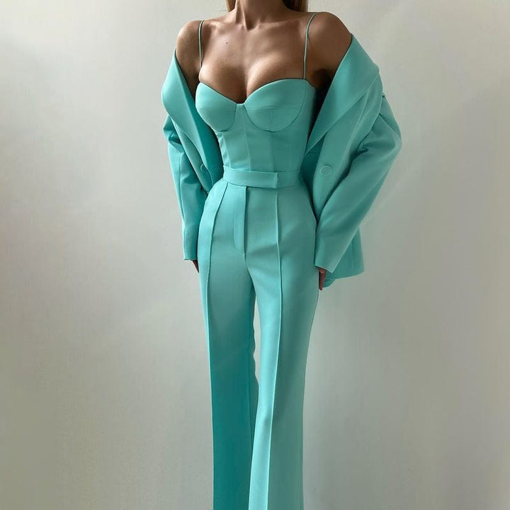 solovedress Women’s Mint Green 3-Piece Suit – Blazer, Strapless Top & Pants