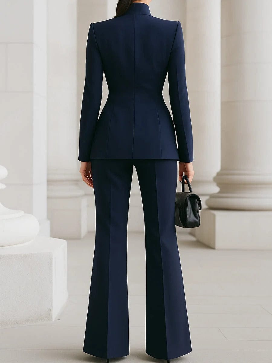 solovedress Women’s Navy Blue 2-Piece Suit Set – Stand Collar Blazer & Tailored Pants