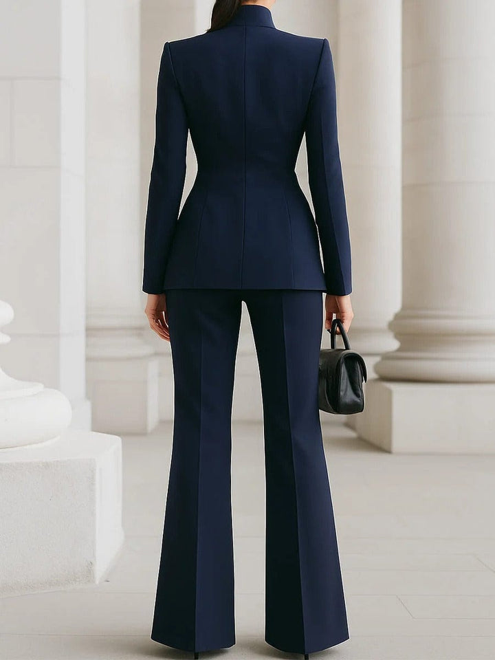 solovedress Women’s Navy Blue 2-Piece Suit Set – Stand Collar Blazer & Tailored Pants