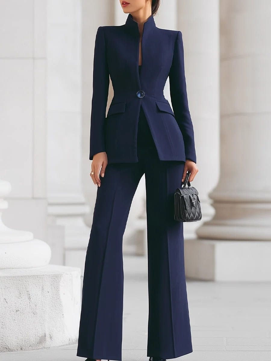 solovedress Women’s Navy Blue 2-Piece Suit Set – Stand Collar Blazer & Tailored Pants