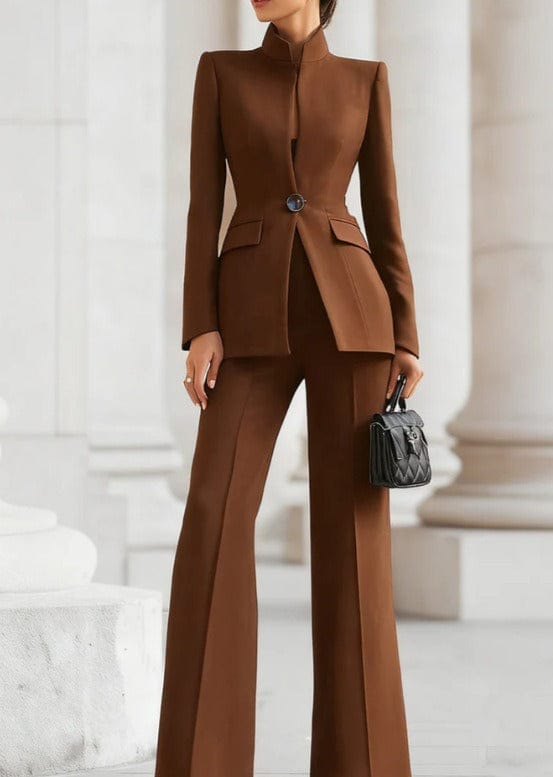 solovedress Women’s Navy Blue 2-Piece Suit Set – Stand Collar Blazer & Tailored Pants