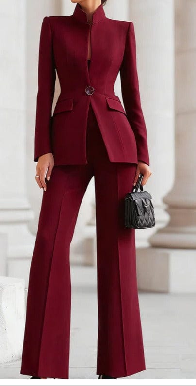 solovedress Women’s Navy Blue 2-Piece Suit Set – Stand Collar Blazer & Tailored Pants