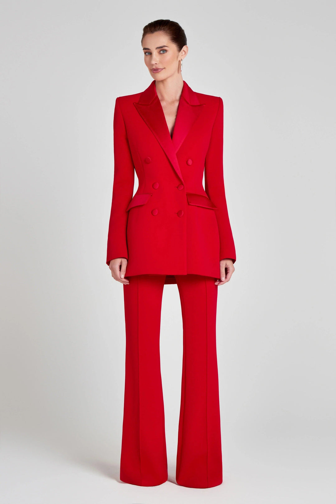 solovedress Women’s Red Double Breasted Suit Set – Satin Lapel Blazer & Pants