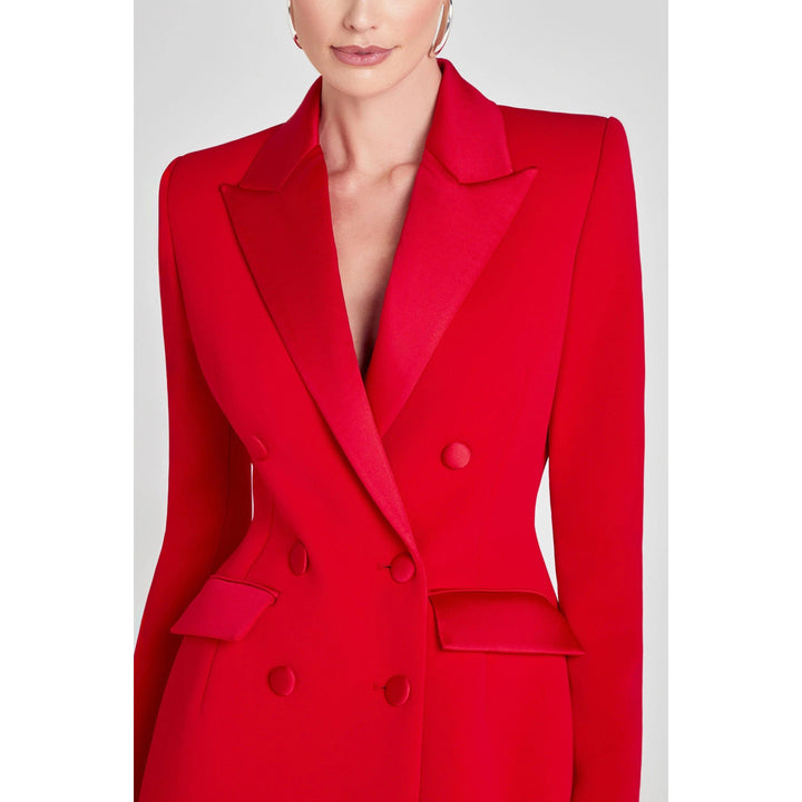 solovedress Women’s Red Double Breasted Suit Set – Satin Lapel Blazer & Pants