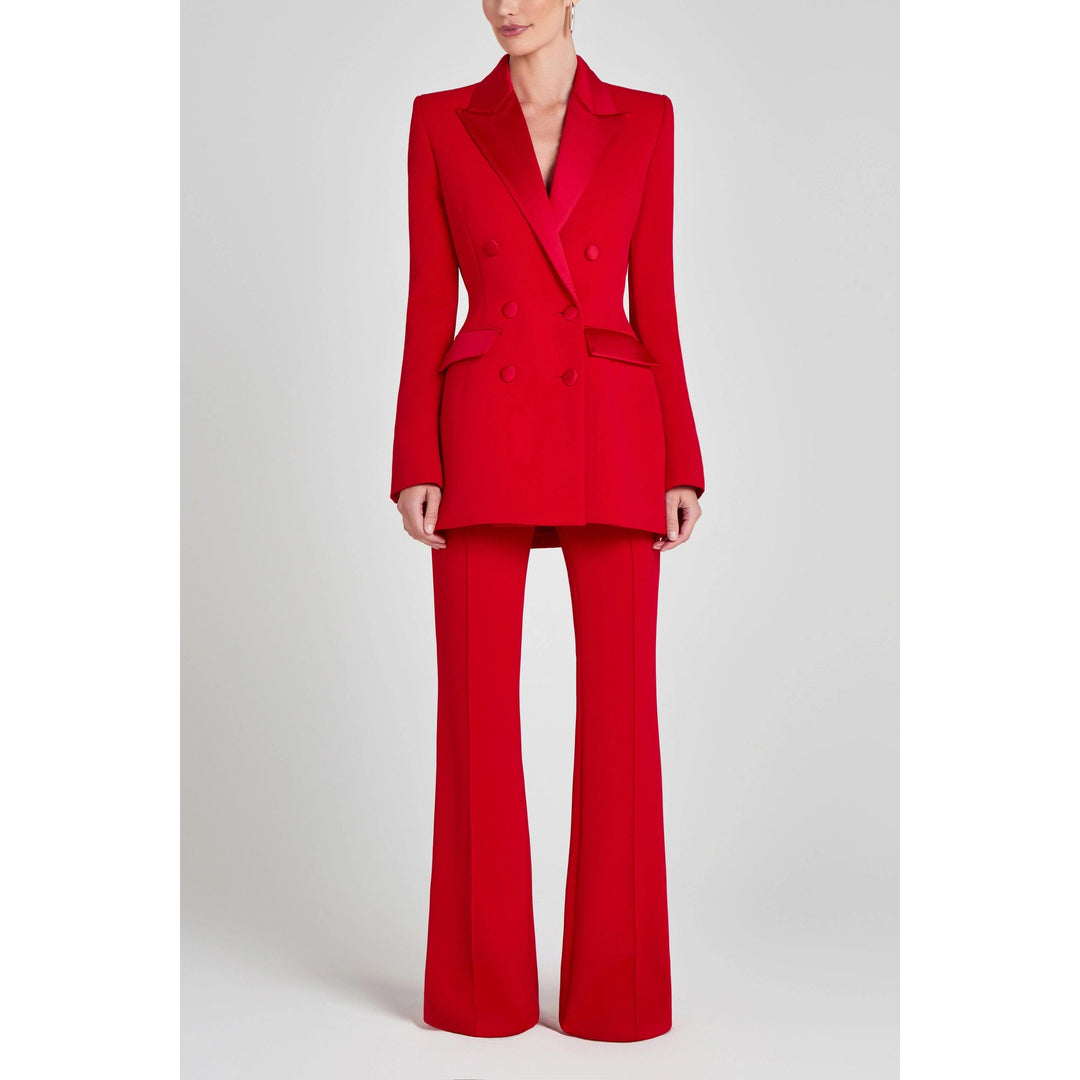 solovedress Women’s Red Double Breasted Suit Set – Satin Lapel Blazer & Pants