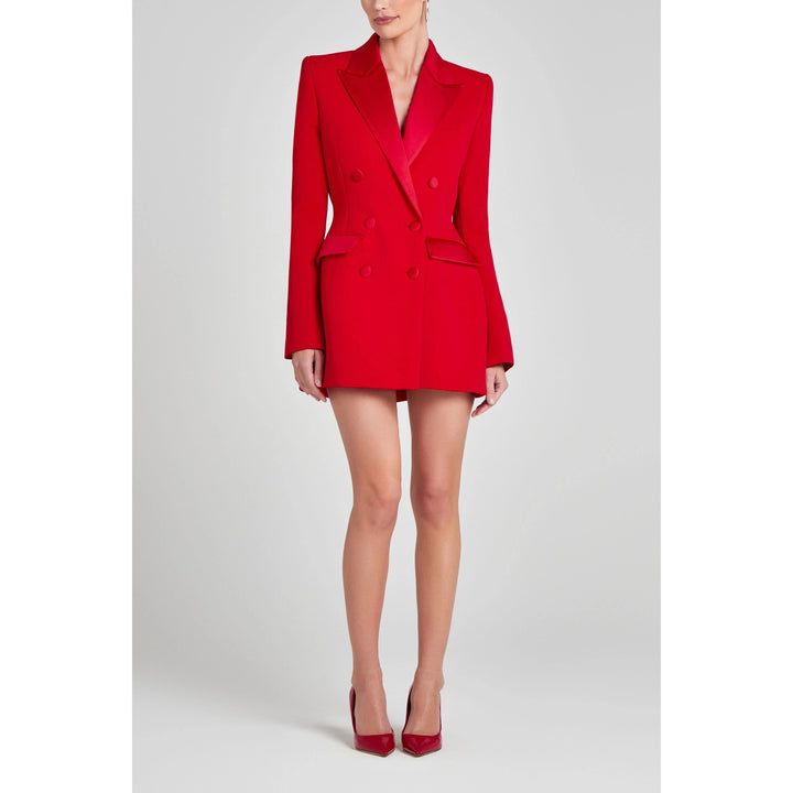 solovedress Women’s Red Double Breasted Suit Set – Satin Lapel Blazer & Pants