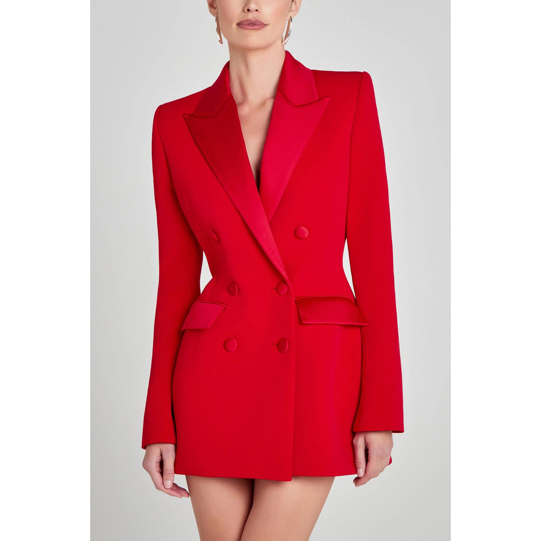 solovedress Women’s Red Double Breasted Suit Set – Satin Lapel Blazer & Pants