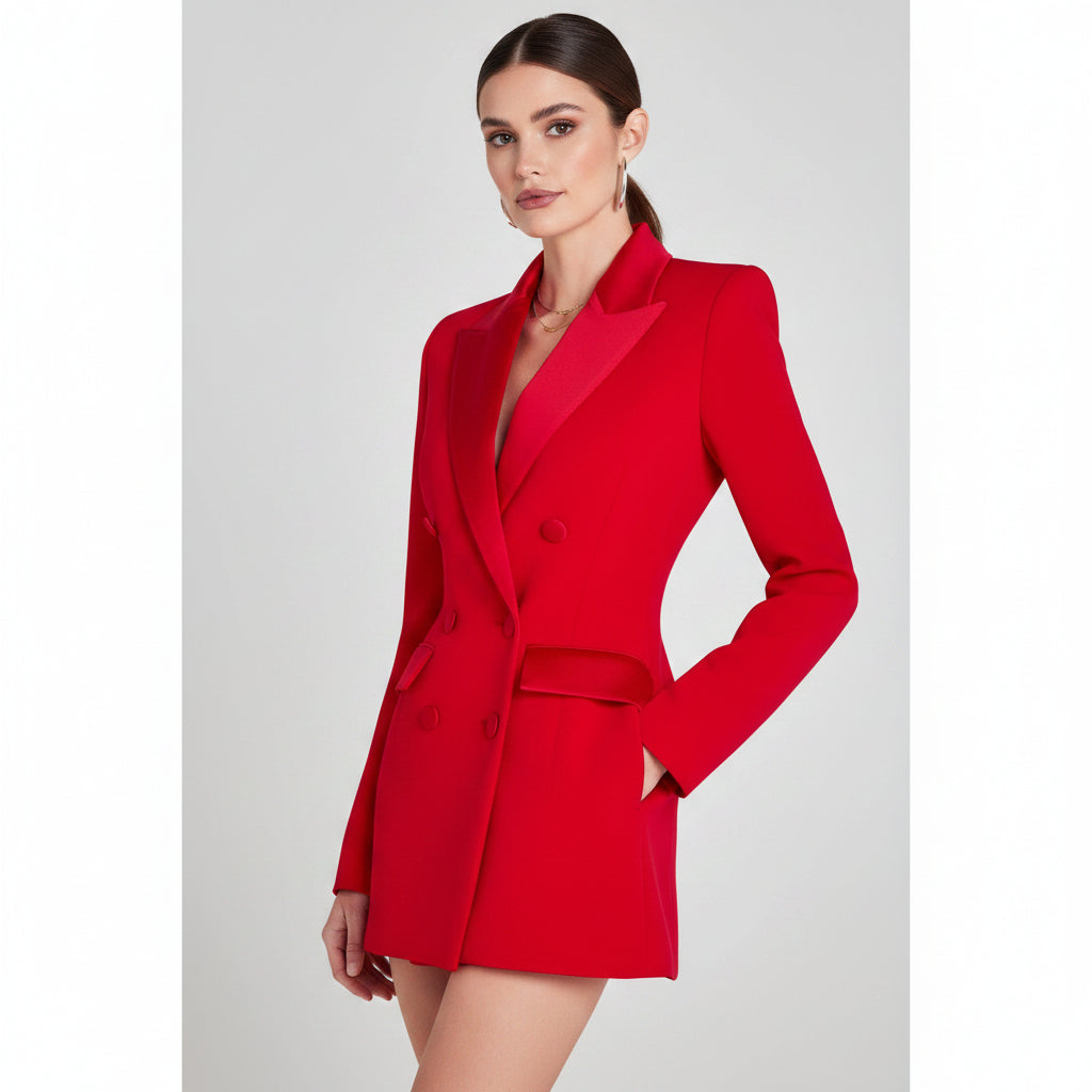 solovedress Women’s Red Double Breasted Suit Set – Satin Lapel Blazer & Pants
