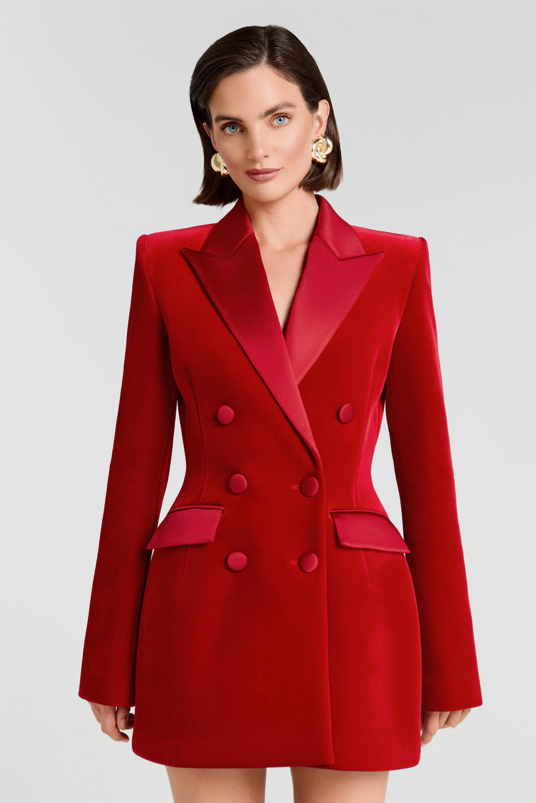 solovedress Women’s Red Velvet Blazer – Double-Breasted, Satin Lapel