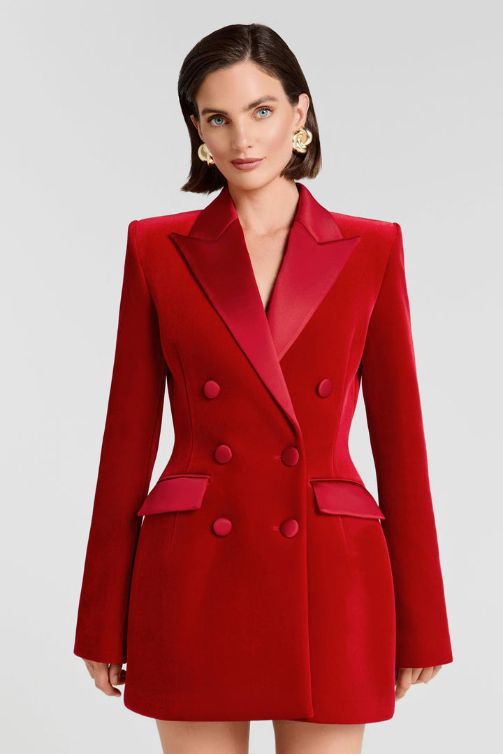 solovedress Women’s Red Velvet Blazer – Double-Breasted, Satin Lapel