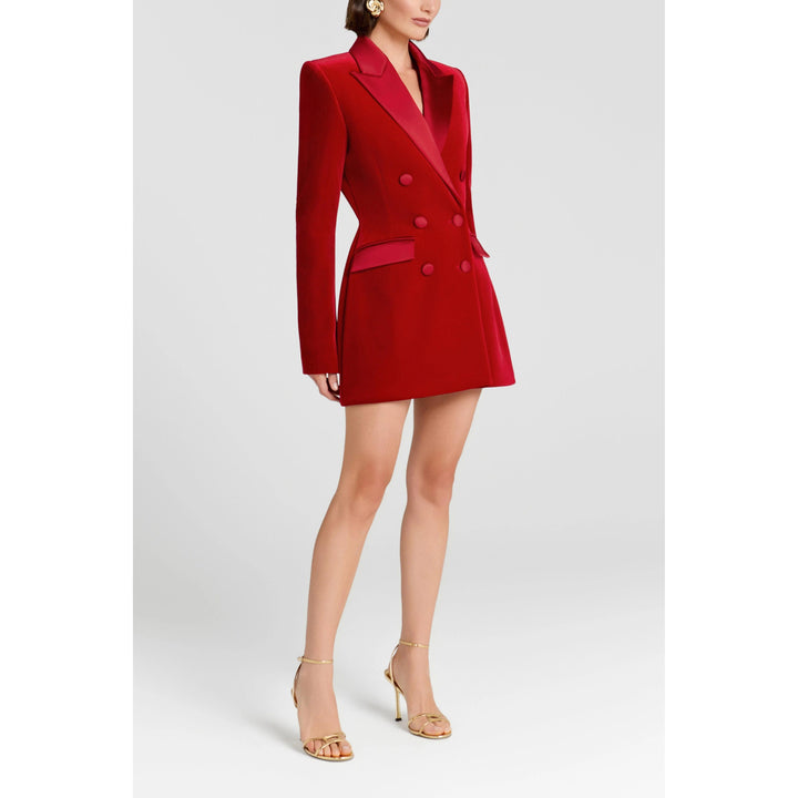 solovedress Women’s Red Velvet Blazer – Double-Breasted, Satin Lapel