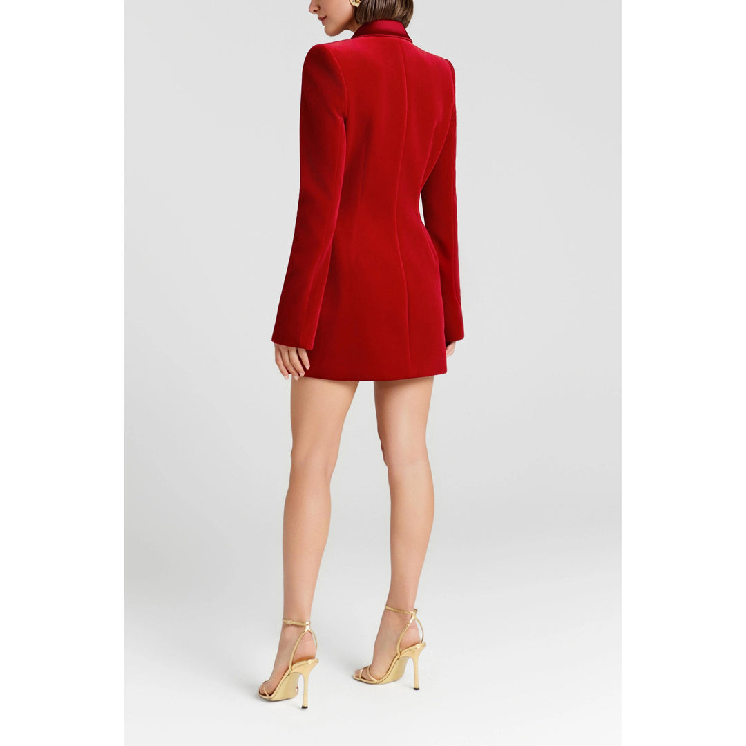 solovedress Women’s Red Velvet Blazer – Double-Breasted, Satin Lapel
