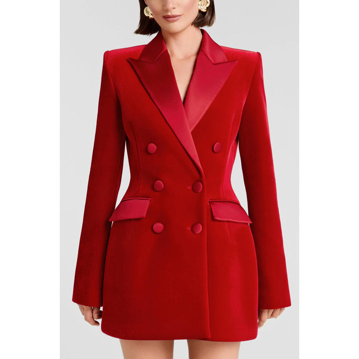 solovedress Women’s Red Velvet Blazer – Double-Breasted, Satin Lapel